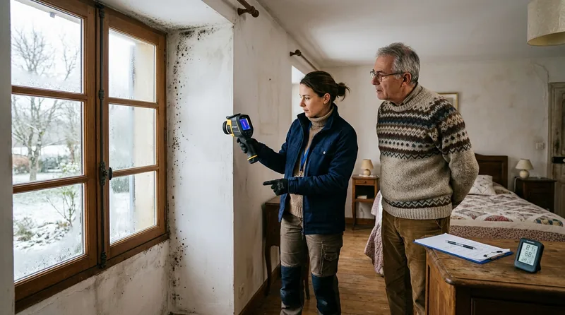 Spécialiste mesurant l'humidité d'un mur dans le Ariège